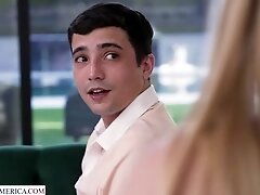 Blonde cutie Sahara Sky convinces friend's brother to play with her tits