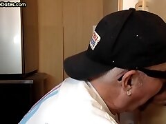 Gloryhole homemade DILF sucks and wanks BFs cock at home